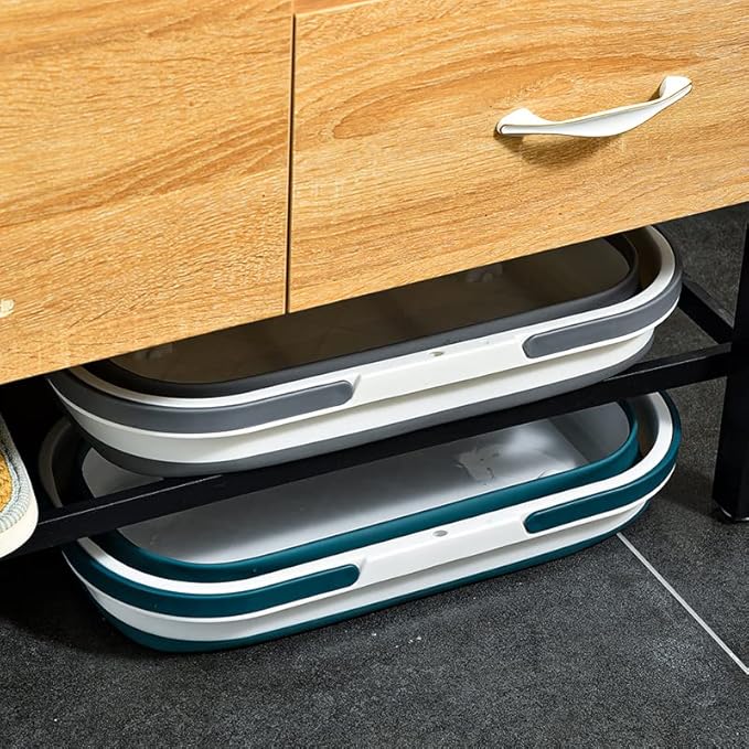 Collapsible Bucket with Wheels 14L (3.7 Gallon) - Versatile and Durable for House Cleaning, Camping, and RV - Convenient Rectangular Mop Cleaning Basket - Lightweight & Compact (14L-Grey)