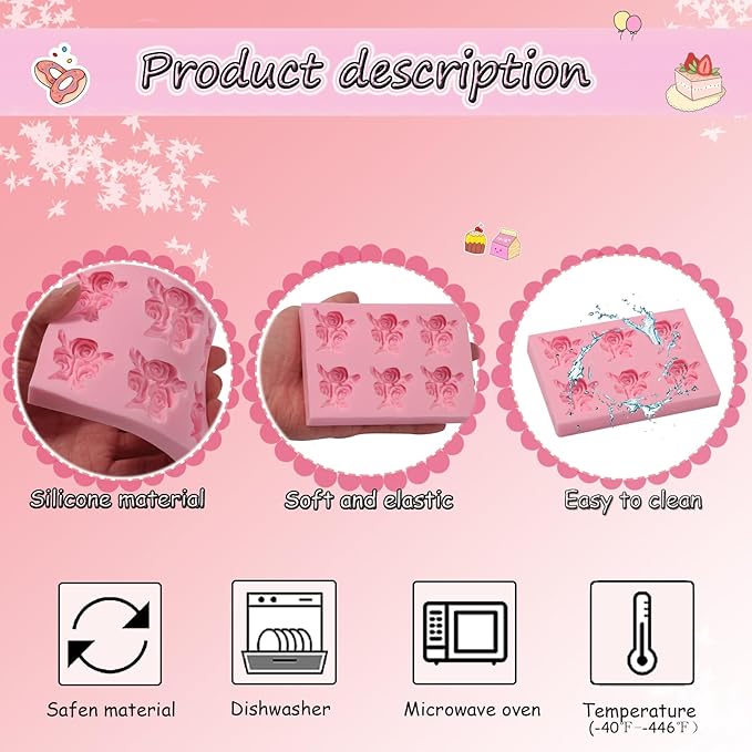 6-Cavity Rose Candy Silicone Mold, Cake Decoration Fondant Molds, for Wedding, Valentine's Day, Birthday Party, Anniversary Cupcake Topper, Chocolate, Cookies, Jelly, Flower Paste, Soap, Resin, Clay