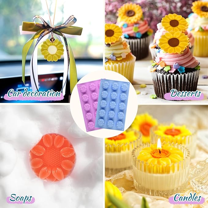 2PCS Flower Silicone Soap Molds, 15 Cavities Small Daisy Flower Soap Mold for Homemade Craft Soap Mold, Jelly, Cake, Mousse, Ice Cream Tray Baking Mold (Blue+Purple)