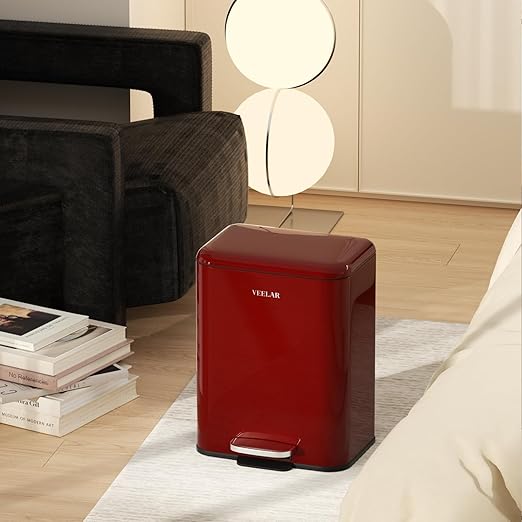 Small Bathroom Trash Can - Mini Step Garbage Can with Lid, Stainless Steel Trash Bin for Bedroom, Office ，Living Room(Red, 6 Liter / 1.6 Gallon)