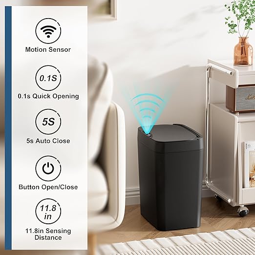 2 Pack 2.7 Gal Bathroom Trash Can with Lid, Automatic Trash Can Small Smart Garbage Can Touchless, Slim Motion Sensor Waterproof Plastic Trash Bins for Bedroom Office Kitchen Toilet Black