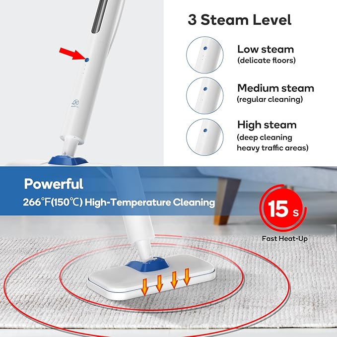 Steam Mop for Floor Cleaning,15-Second Setup,Chemical-Free Floor Cleaner for Hardwood,Laminate,Tile&Greasy Spots.Ergonomic Design with Hands-Free Standing,3 Steam Settings,Reusable Washable Pads