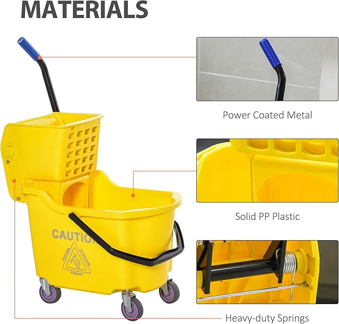 HOMCOM Mop Bucket Cart with Side Press Wringer, Metal Handle and 34 Quart Capacity, Yellow