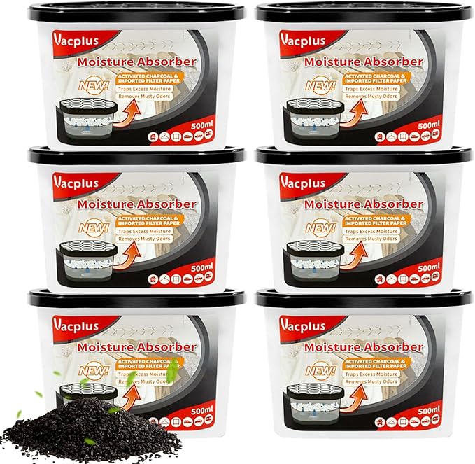 Vacplus Moisture Absorbers 6 Pack, 10.5 Oz Portable Humidity Absorber Boxes for Your Bathroom, Closet & Car, Dehumidifier with Activated Carbonfor, Black