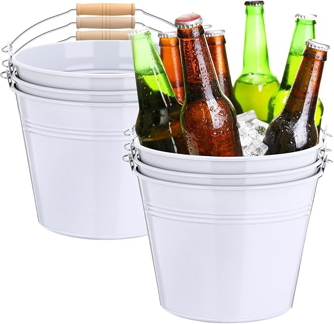 Zopeal 6 Pcs Large Metal Bucket Beer Bucket Galvanized Steel Pail with Handle for Gifts Basket Ice Candy Party(9 x 7 x 7 Inch,White)