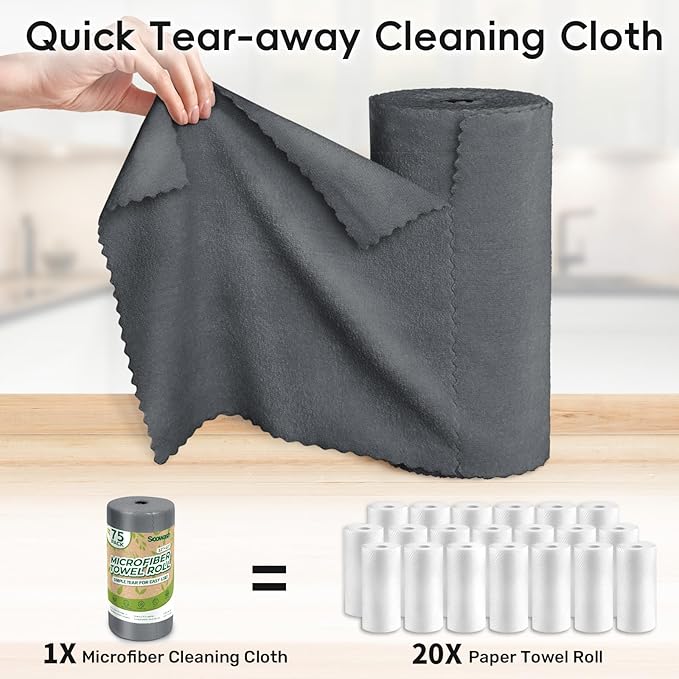 Microfiber Cleaning Cloths Roll, 75 Pack Tear Away Microfiber Towels Roll, 12" x 12" Lint Free Rags, Reusable Cleaning Cloths, Washable, Scratch Free,Ultra Absorbent Dish Rags(Dark Grey)