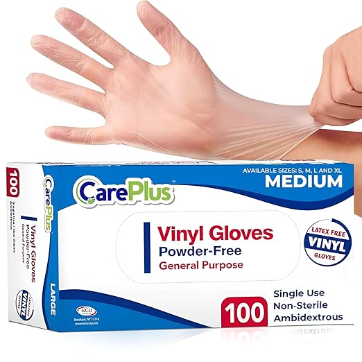 CARE PLUS Vinyl Gloves Clear Medium Size 100 Count | Heavy Duty, Non-Sterile, Powder-Free, Latex-Free Rubber | Food Prep, Kitchen & Cleaning Gloves, Ideal for Professional Use