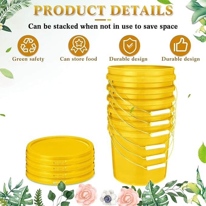 6 Pack 2 Gallon Plastic Bucket with Lid Heavy Duty Pail with Metal Handle Reusable Small Multipurpose Paint Buckets Container for Food Storage(Yellow)