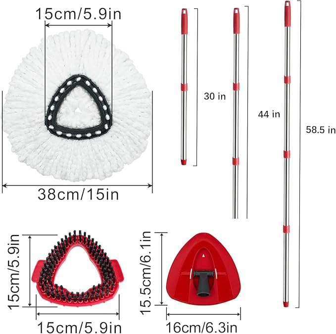 Spin Mop Head Replacement, Base, Mop Handle Compatible for O-Cedar EasyWring - Include 2 Microfiber Refills, 4-Section 30-59in Handle, 1 Cover and 1 Scrubber (1-Tank System)