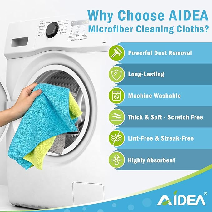 AIDEA Microfiber Cleaning Cloth-12PK, Soft Microfiber Towels for Cars, Absorbent Cleaning Rags, Lint-Free Streak-Free Wash Cloths for House, Kitchen, Window(12in.x12in)