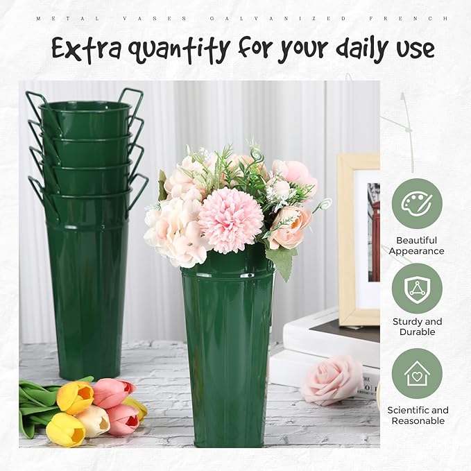 Lallisa 24 Pcs Metal Vases 9 Inch Galvanized French Farmhouse Flower Buckets with Handles and Hemp Rope, Vintage Style Flower Containers for Country Wedding Party Table Centerpiece Decor(Dark Green)
