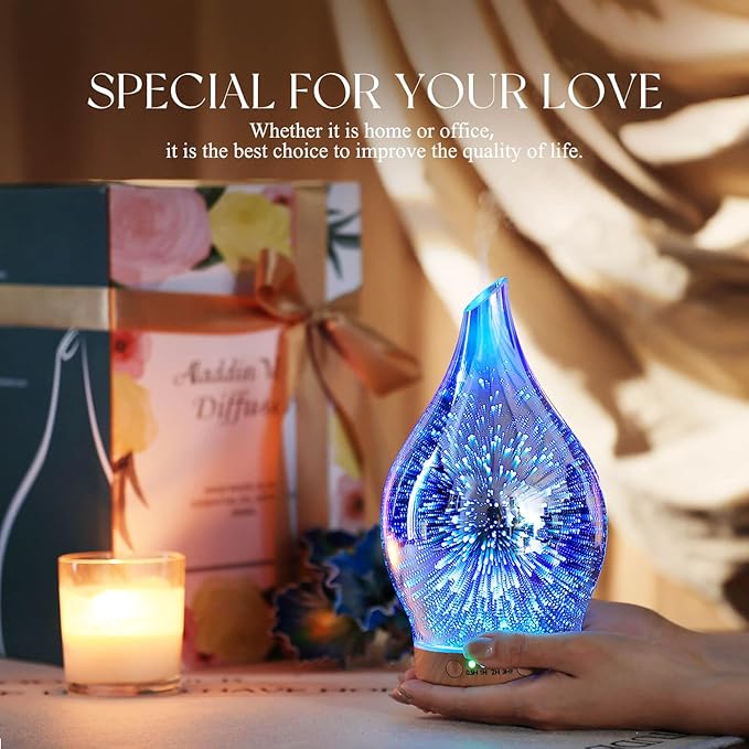 Porseme Oil Diffuser 3D Glass Aromatherapy Ultrasonic Humidifier, Air Refresh Auto Shut-Off, Timer Setting, BPA Free for Home Hotel Yoga Leisure SPA Gift 150ml Last 6H
