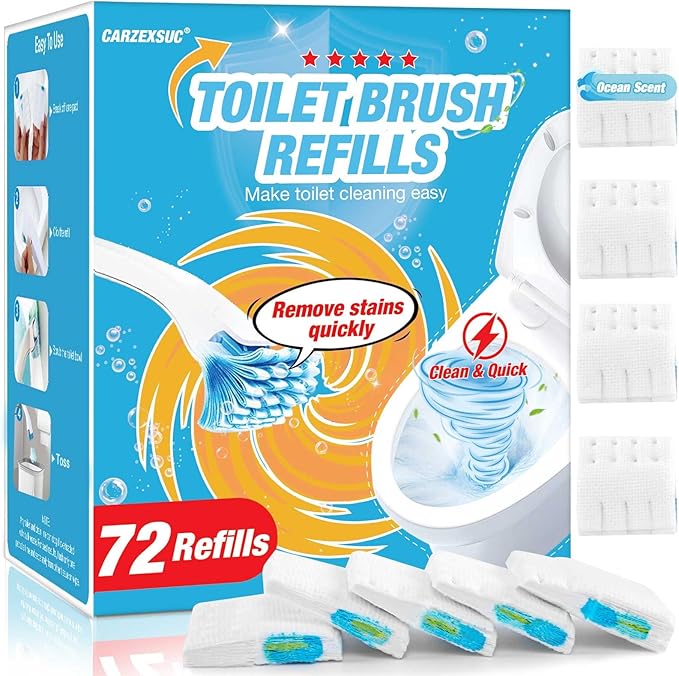 Toilet Cleaner Refill Pads Ocean Scent Enhanced Odor Control 72 Count Toilet Scrubber Refill Clean Stains Disposable Toilet Brush Refill for Toilet and Bathroom
