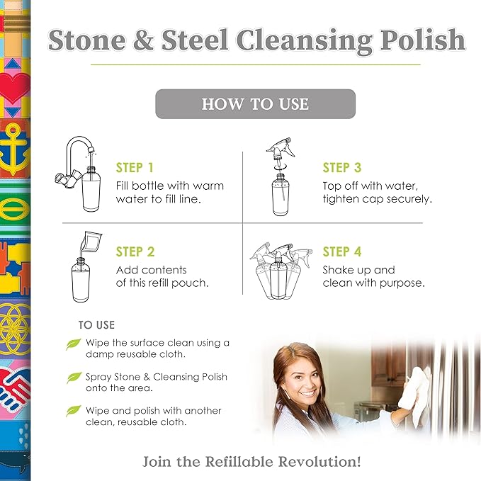 Truly Free Stone & Steel Cleansing Polish Starter Kit - Quartz, Marble, Granite, Stone Countertop, Oven, Stainless Steel Cleaner - 16oz Spray Bottle, 2 Refills (4oz) No Harmful Ingredients