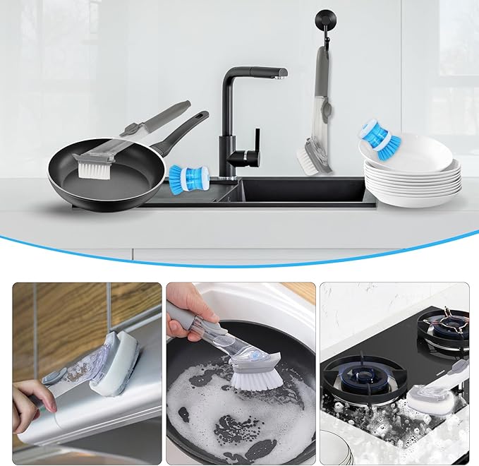Dish Brush with Soap Dispenser Set, 3 PCS Soap Dispensing Dish Brush with 2 Sponges, Can Be Used to Wash Dishes Pots Pans Plates Cutting Boards Sinks Kitchen Utensils