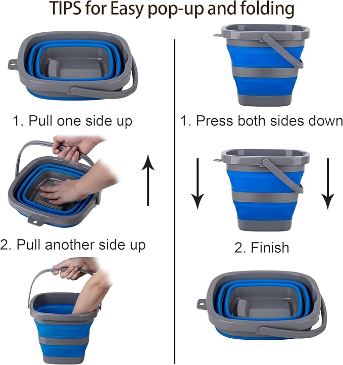 2 Pack Collapsible Plastic Bucket with 1.32 Gallon (5L) Each, Foldable Rectangular Tub for House Cleaning, Space Saving Outdoor Waterpot for Garden or Camping, Portable Fishing Water Pail