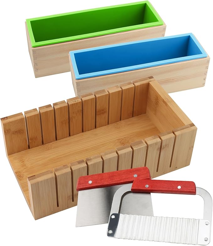 ZOENHOU 7PCS 42oz Soap Molds with Stainless Steel Wavy Slicer and Straight Slicer, Soap Loaf Bar Rectangular Silicone Soap Making Molds Kit with Wood Box DIY Tool Set for Soap Making Supplies