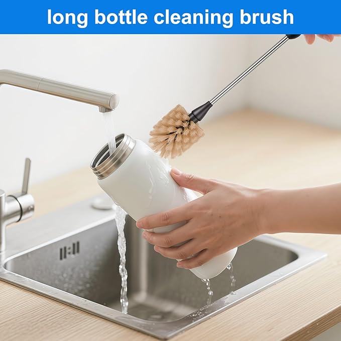 2 Pack Water Bottle Brush, 15-inch Long Handle Cleaning Brush, Kitchen Scrubber, Bottle Brush Cleaner, Suitable for Water Bottles, Cups, Glasses, Baby Bottles, Wine Glasses, Brown