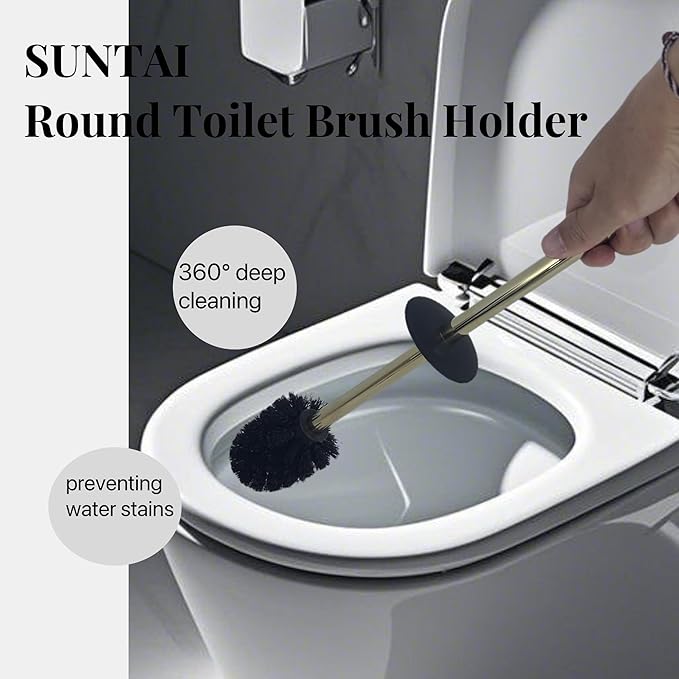 Toilet Brush and Holder,304 Stainless Steel Toilet Brush with Long Brush Handle,Toilet Bowl Brush for Bathroom Cleaning,2 Bristle Heads, Gold