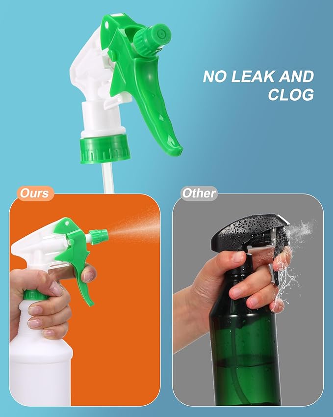 Eccliy 20 Pack 16oz Empty Spray Bottles, Leakproof Cleaning Bottles with Measurement and Adjustable Nozzle for Housekeeping, Commercial Use(Cylinder,Green Spray Head)