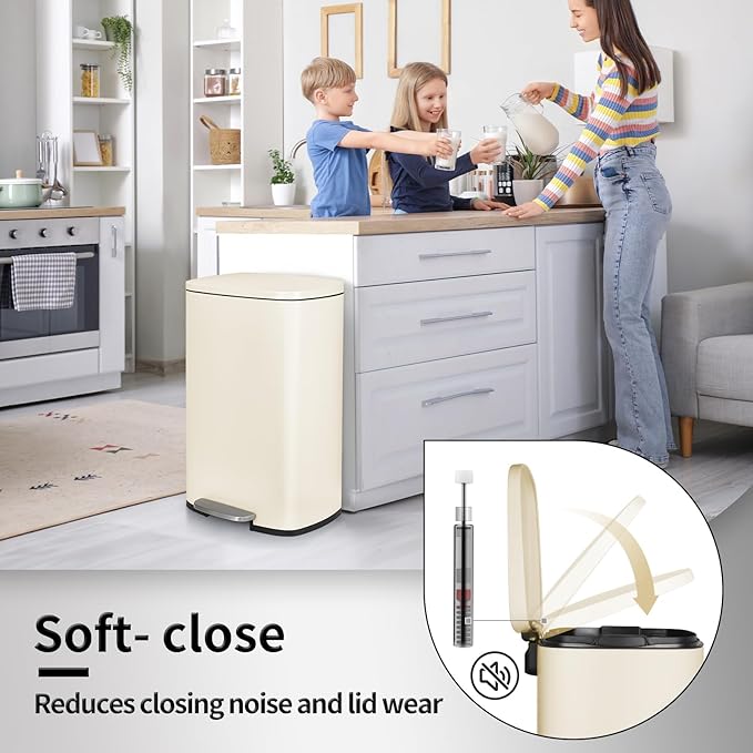 13.2+1.3 Gallon Trash Can Combo Set, Stainless Steel Garbage Bin with Pedal, Removable Inner Waste Bucket, Anti-Fingerprint, Soft-Close Locking Lid Dustbin for Kitchen, Bathroom, Office