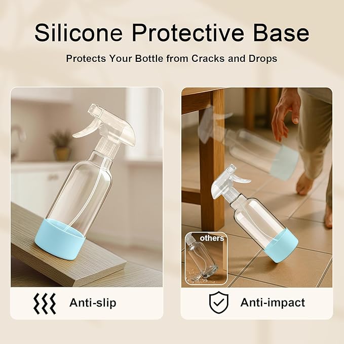 Glass Spray Bottles with Silicone Sleeve 16.9oz 2 Pack Empty Spray Bottle for Hair Mist/Stream Spraying for Cleaning Solutions, Plants, Essential Oils (clear-qblue&white)