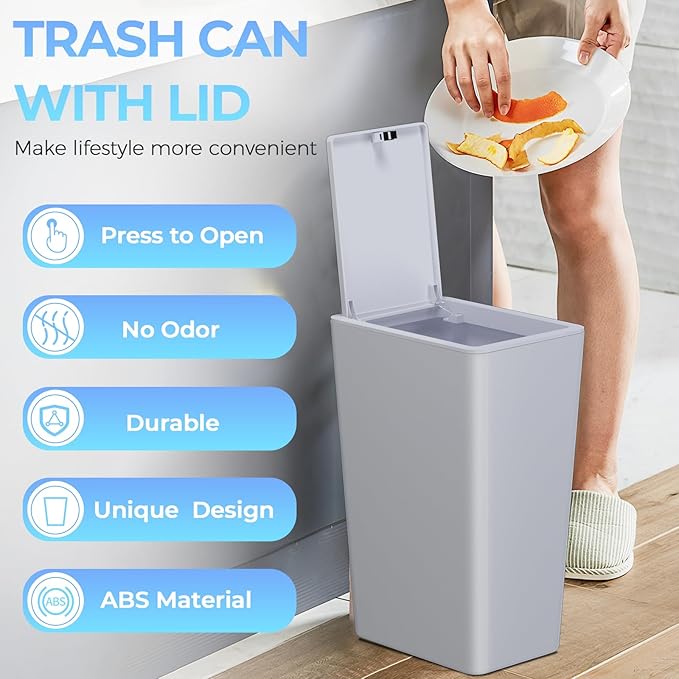 4 Gallon Bathroom Small Trash Can with Lid, 15L Slim Garbage Bin Wastebasket with Pop-Up Lid for Bedroom, Office, Kitchen, Dorm, Fits Under Desk