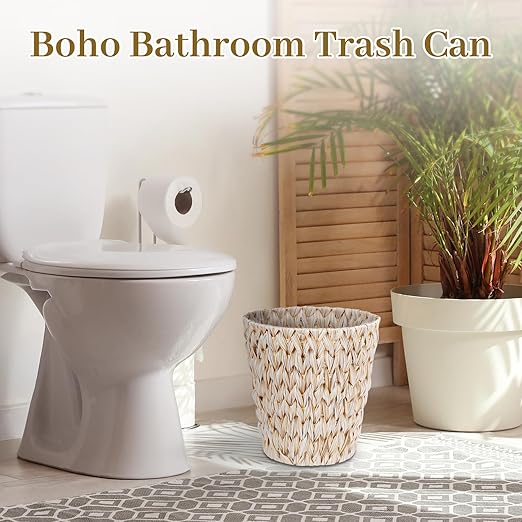 Boho Wicker Trash Can with Lid,Waterproof Bathroom Trash Can Hand Woven Wicker Waste Baskets for Kitchen Office Bedroom