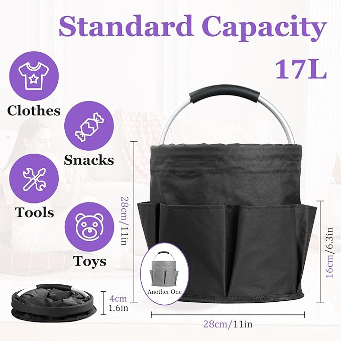 2Pack 17L Foldable Cleaning Supply Caddy with Handle, Portable Bucket Tool Organizer, Garden Tool Bag in 600D Oxford Fabric, Folding Storage Basket for Outdoor, Bathroom, Black + Dark Gray