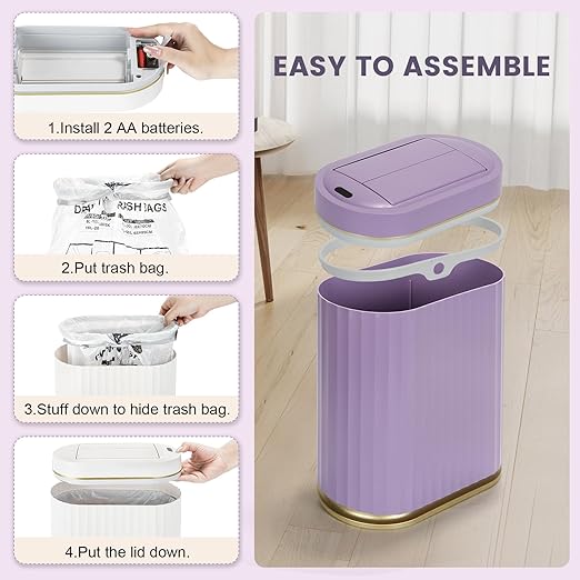 ELPHECO Bathroom Trash Can with Lid Butterfly, Motion Sensor Trash Can Bathroom Decor Automatic Garbage Can Wastebasket Bathroom Accessories, Kitchen, Living Room, Office, Purple Gold