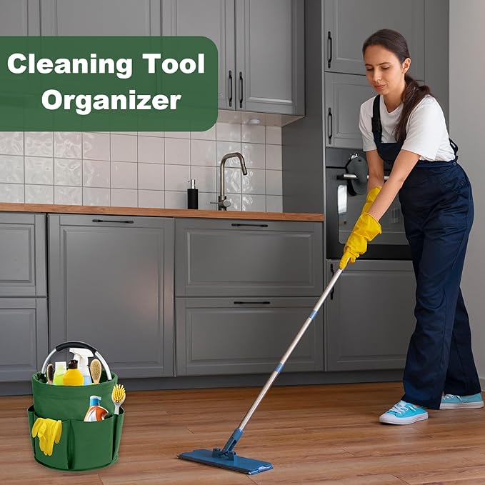 17L Cleaning Caddy with Handle, Cleaning Supplies Organizer, Foldable Storage Basket, Cleaning Supply Caddy, Portable Multi Cleaning Bucket Bag for Home, Garden (Green)