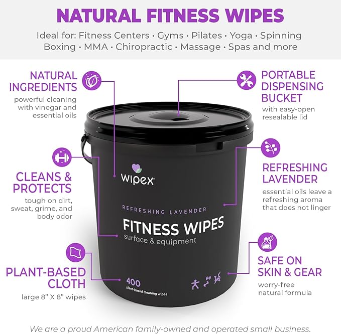 Wipex Fitness Wipes for Equipment Bundle - Get 2 Buckets (1) Lemongrass & (1) Lavender Plant-Based Gym Equipment Wipes, Clean Surfaces & Mats, Safe Gym Cleaner & Peloton Bike, 400 Count (Pack of 2)