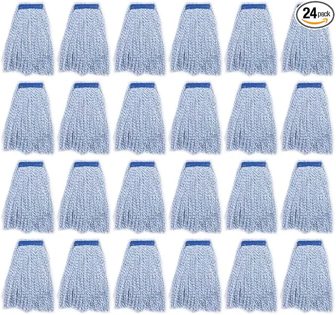 Matthew Cleaning Looped-Open Cotton Wet Mop 1.25'' Universal Headband Heavy Duty Commercial Mop Head Replacement for Indoor&Outdoor Use,Grease Stain Floor Cleaning String Mop Head Refills Pack of 24