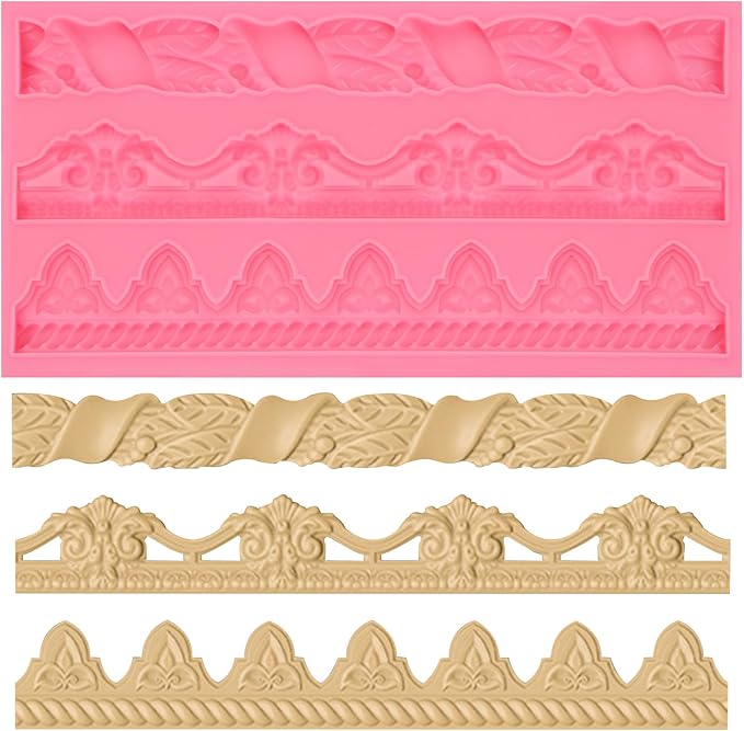 Art Molds for Cake Decoration, Baroque Scroll Silicone Fondant Molds, Floral Relief Border Chocolate Baking Molds for Resin Plaster Air Dry Clay(3-Cavity)