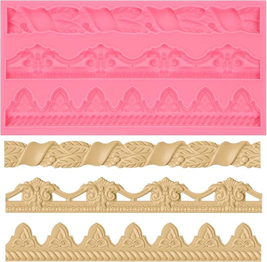 Art Molds for Cake Decoration, Baroque Scroll Silicone Fondant Molds, Floral Relief Border Chocolate Baking Molds for Resin Plaster Air Dry Clay(3-Cavity)