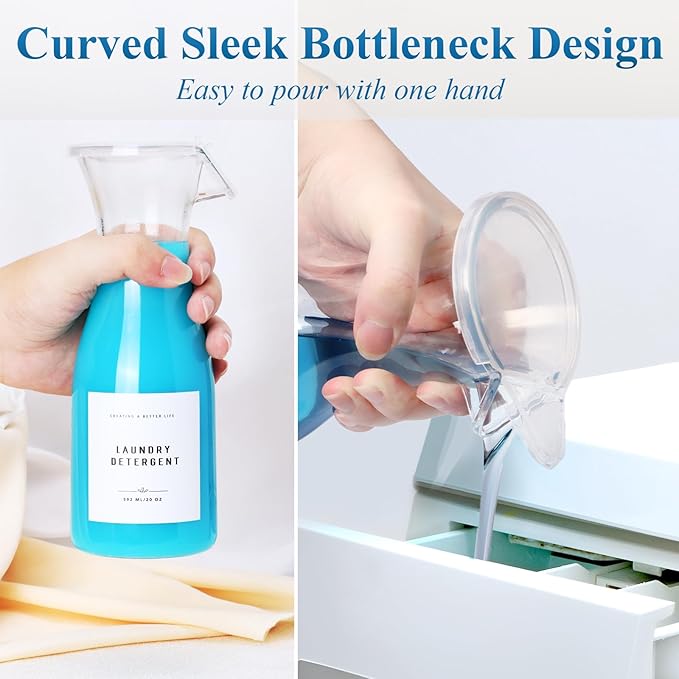 Laundry Detergent Dispenser Bottle 20oz with Waterproof Label for Laundry Detergent Soap Fabric Softener Bleach Scent Booster Beads, Sturdy PET Bottle for Laundry Room Decor 2 Pack White