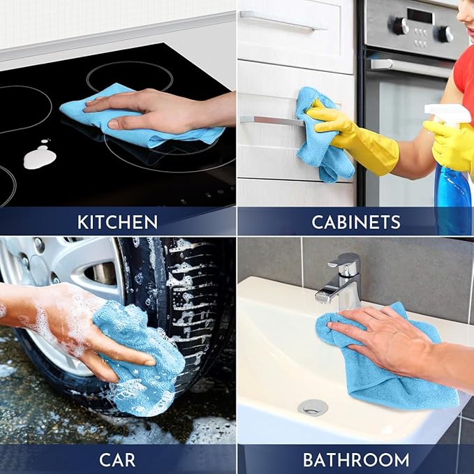 GLIMGLINT Blue Microfiber Cleaning Cloth, 150 Pack Microfiber Towels for Cars, Lint Free, Scratch-Free, Highly Absorbent, Reusable Cleaning Rags for Car, Household, Shop Towels 14"X12"