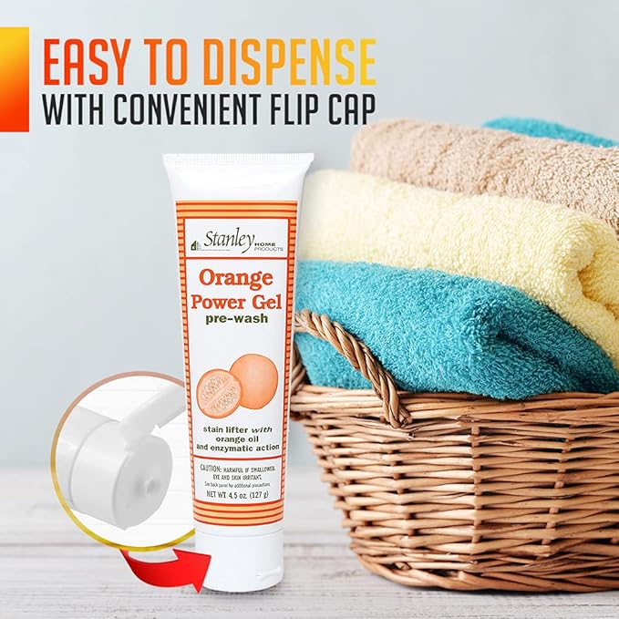 Stanley Home Products Orange Power Gel Pre Wash - Laundry Stain Remover - Spot Treat Tough Stains Works Immediately Cleans and Deodorizes Fabrics Ideal for Blood Oil Grease and More