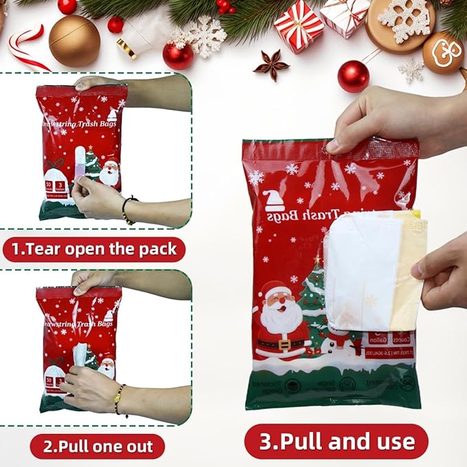 3 Gallon Christmas Drawstring Trash Bags – 50 Count Small Christmas Printed Garbage Bags, Festive Printed Waste Bin Liners, Holiday Christmas Supplies for Bathroom, Party Cleanup, Gold