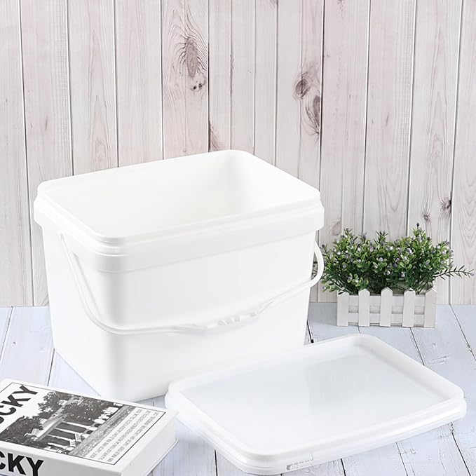 Ramddy 5 Gallon Rectangular Plastic Food Bucket with Sealed Lid, Food Grade, 4 Pack Pail Container with Handle, White