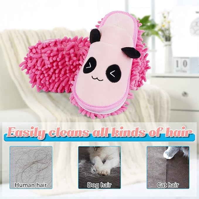 Liitrton 1 Pair Detachable Mop Slippers Shoes Microfiber Chenille Soft Comfortable Dust Dirt Hair Cleaner for Room Bathroom Kitchen Office (Pink Panda)