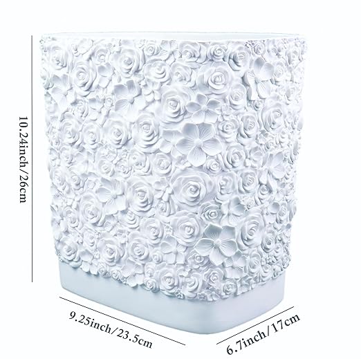 Hymmah Bathroom Trash Can 1.8 Gallon(7 Liter) Small Kitchen Garbage Can,Decor Wastebasket for Bedroom Office,Resin Hand-Carved Rose Flower White