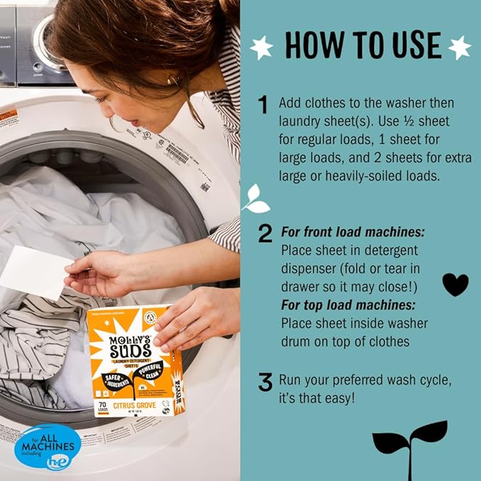 Molly’s Suds Laundry Detergent Sheets | Gentle on Sensitive Skin, Powerful Bio-Based Enzymes, Stain-Fighting | Liquidless & Plastic-Free Packaging | 70 Loads (Unscented)