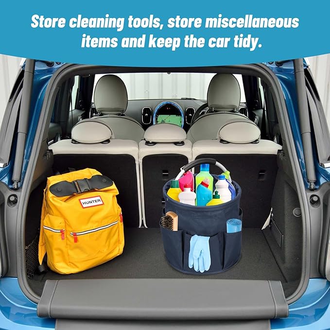 17L Foldable Cleaning Caddy with Handle - Portable Duty Tool Bag Cleaning Supply Organizer, Multi-Compartment Cleaning Bucket Storage Basket for Home Kitchen Bathroom (Blue)