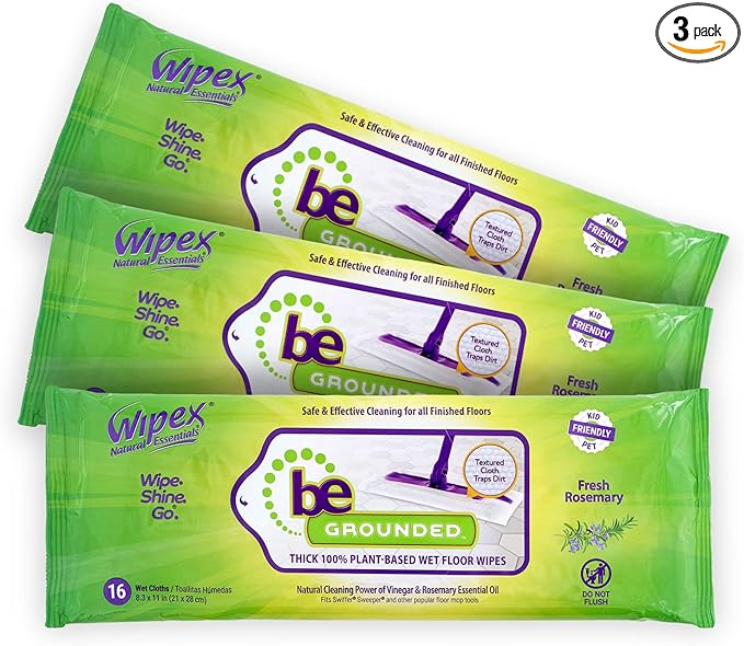 Wipex Wet Floor Wipes - Natural Wet Mop Pads Fit Swiffer Sweeper Mop - Rosemary Essential Oil & Vinegar & Plant-Based Textured Cloth Trap Absorb Dirt, Floor Cleaner Pads, 16 Count (Pack of 3)