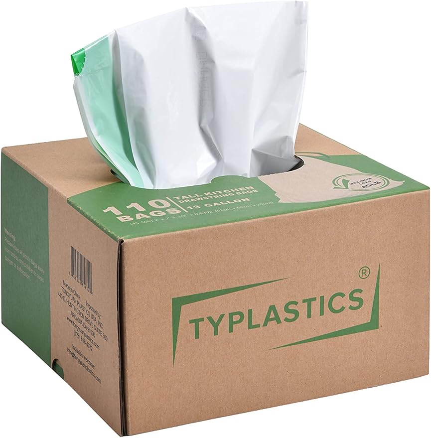 TYPLASTICS Tall Kitchen Drawstring Trash Bags, 13 Gallon, 110 Count