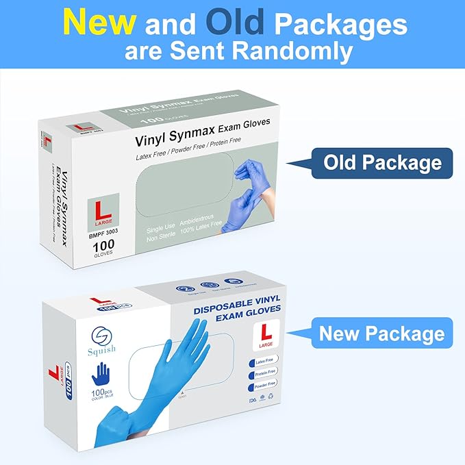 squish Disposable Gloves, Blue 4 mil Vinyl Synmax Blend Exam Gloves Non Sterile, Powder Free, Latex Free - Cleaning Supplies, Kitchen and Food Safe(Pack of 100) (Blue Large)