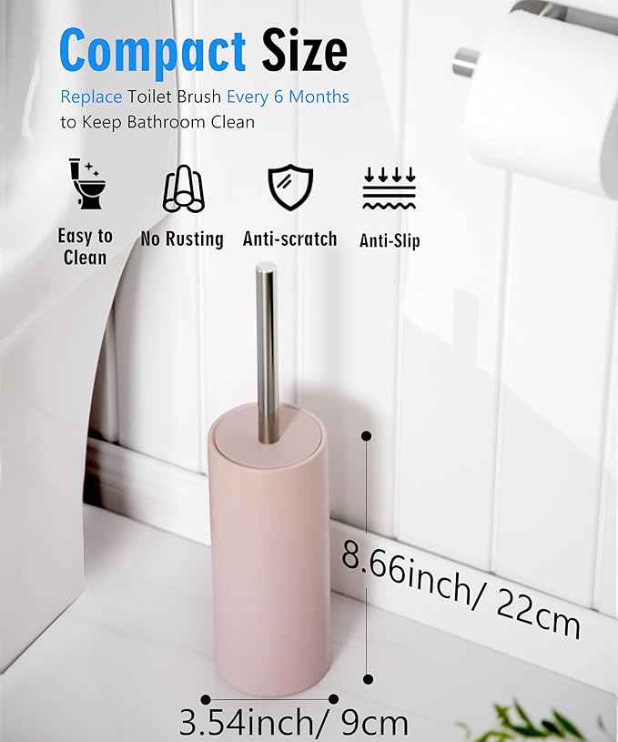 Matt Pink Ceramic Toilet Brush and Holder Set, Freestanding Toilet Bowl Cleaners Brush, Scrubber Brush for Toilet, Bathroom Accessories with Stainless Handle, Deep Cleaning