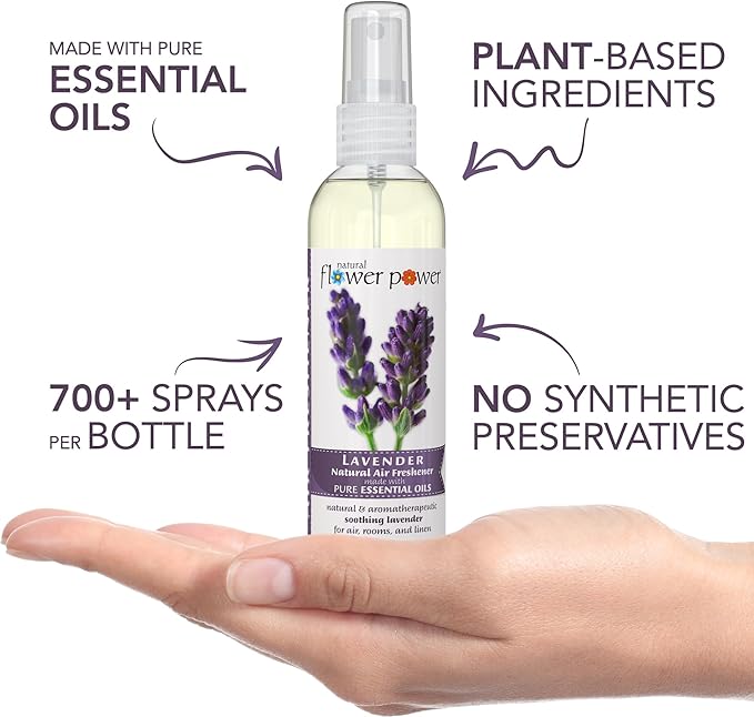 Natural Flower Power Air Freshener Spray - Odor Eliminator with Essential Oils for the Home, Car & Fabric - Cruelty Free & Vegan - Lavender + Peppermint & Lemon - 2 x 4 oz