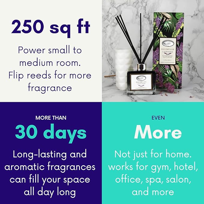 Air Jungles Lavender Reed Diffuser Set with Sticks 3.4 fl. oz, Essential Incense Oil Air Freshener for Home, Bathroom, Bedroom, Office, Fragrance Decor Gift for Women